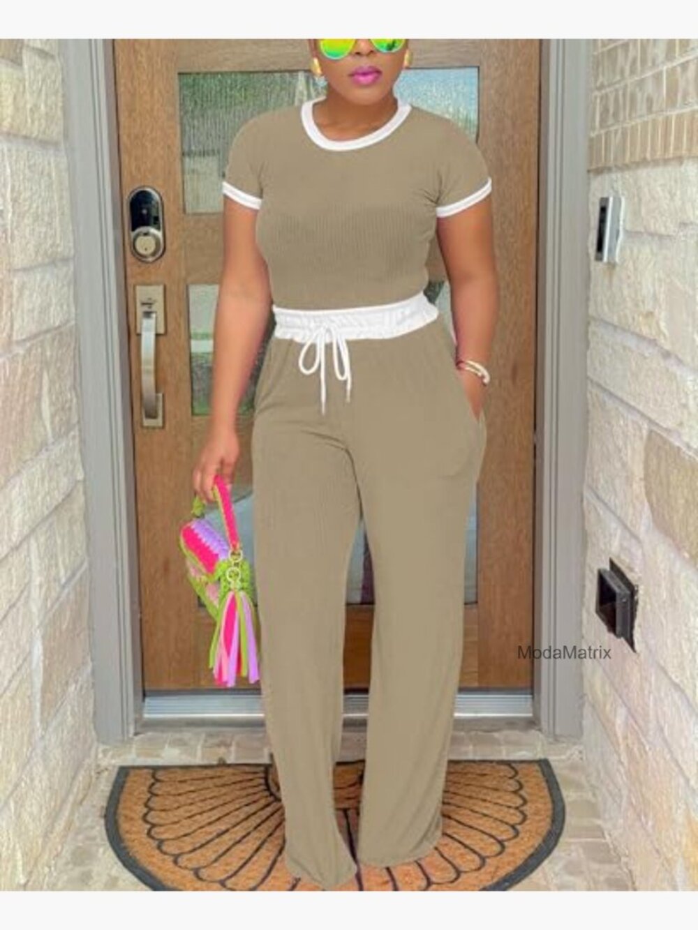 2 Piece Lounge Set Short Sleeve Wide Leg Pants Tracksuit - Picture 3 of 5